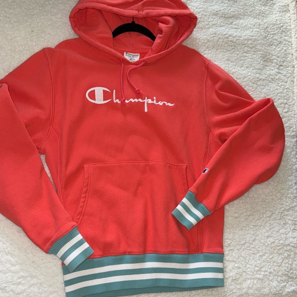 Salmon and turquoise blue, reverse weave, champion hoodie, size small